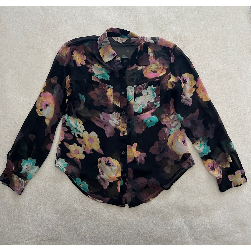 Decree Women Black Floral Sheer Button Down Blouse Long Sleeve Shirt Size M - Picture 8 of 13